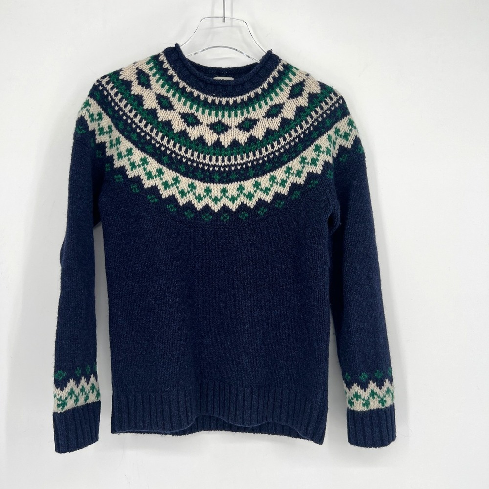 Vtg LL Bean Fair Isle Sweater Womens XS Lambswool Roll Neck Blue‎ Green Preppy